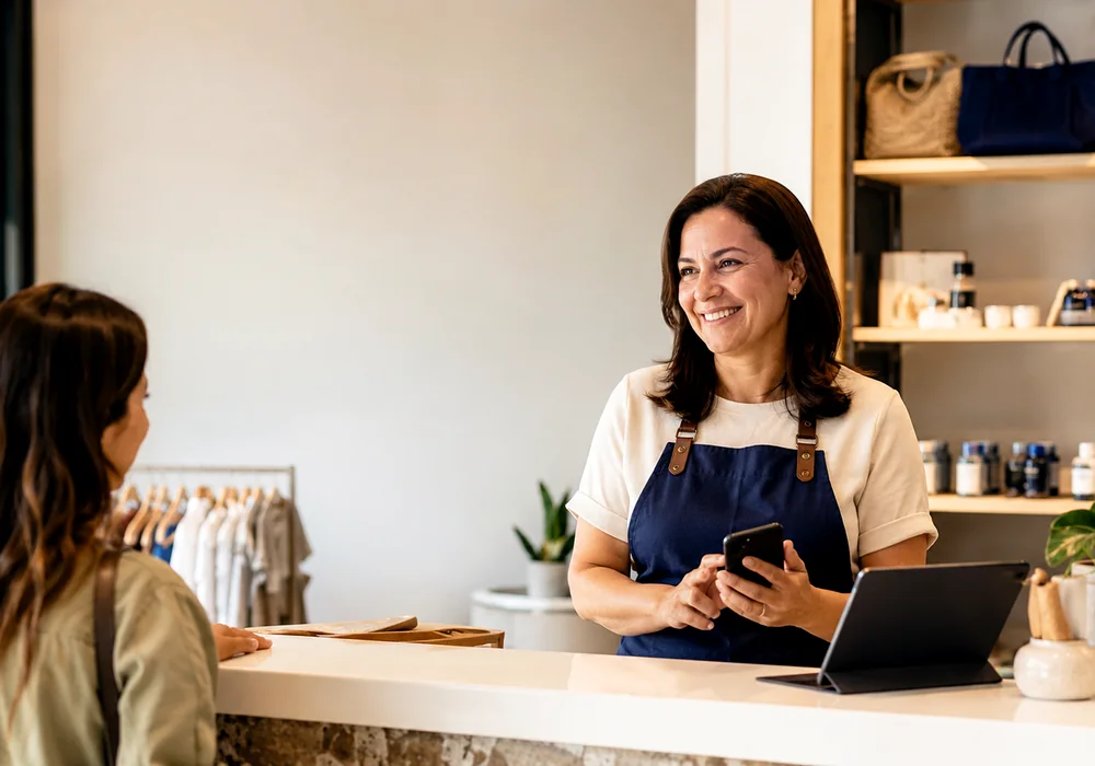 Atendimento em negócio local com presença digital profissional